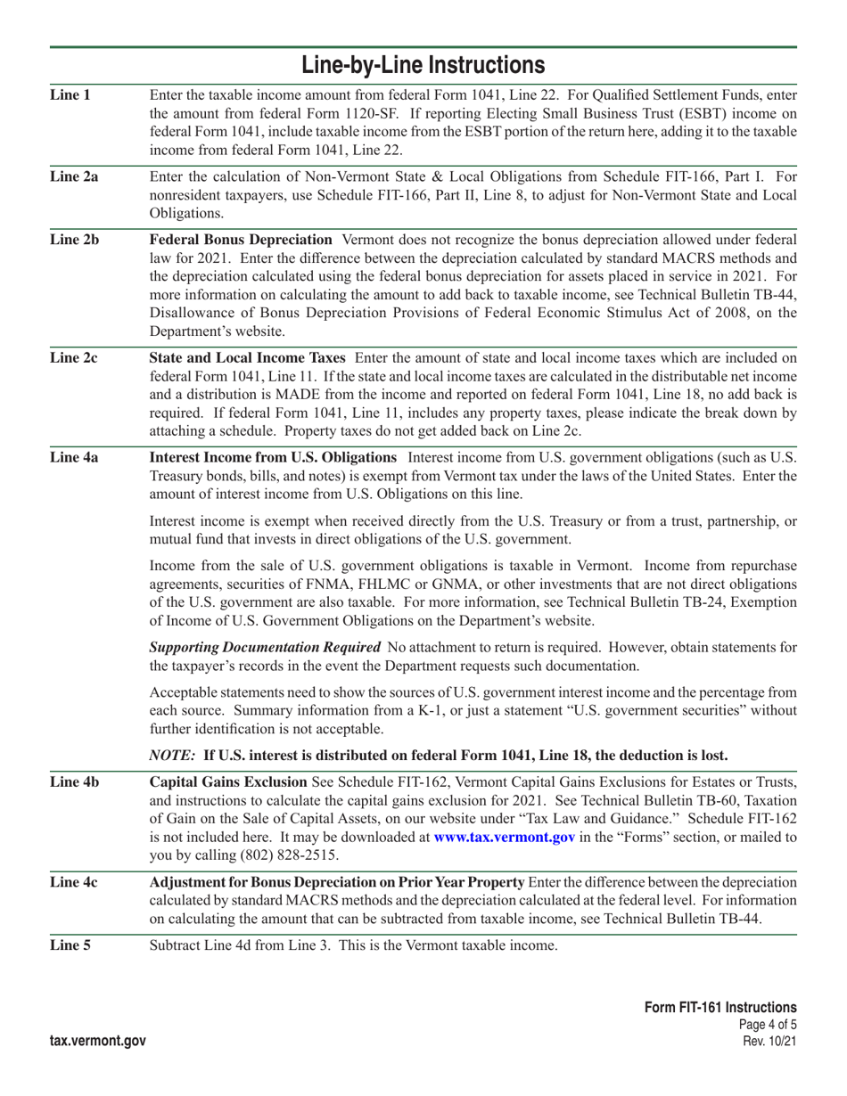 Instructions for VT Form FIT-161 Vermont Fiduciary Return of Income - Vermont, Page 4