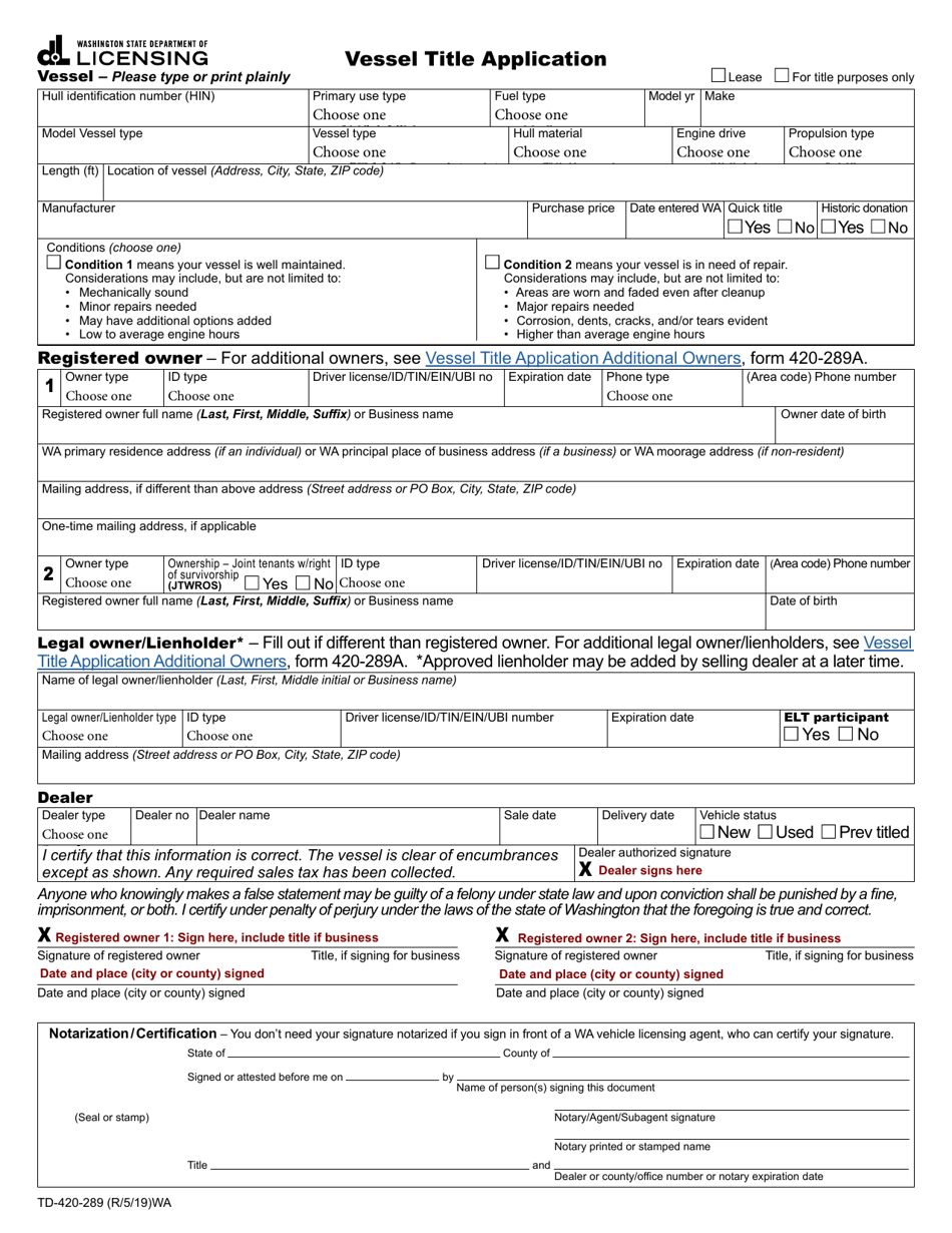 Form TD-420-289 Vessel Title Application - Washington, Page 1