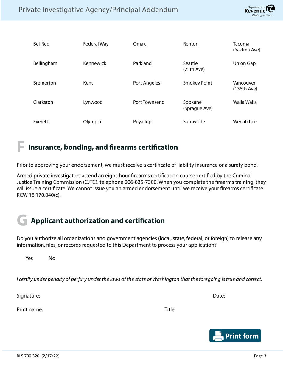 Form BLS700 320 Private Investigative Agency / Principal Addendum - Washington, Page 3