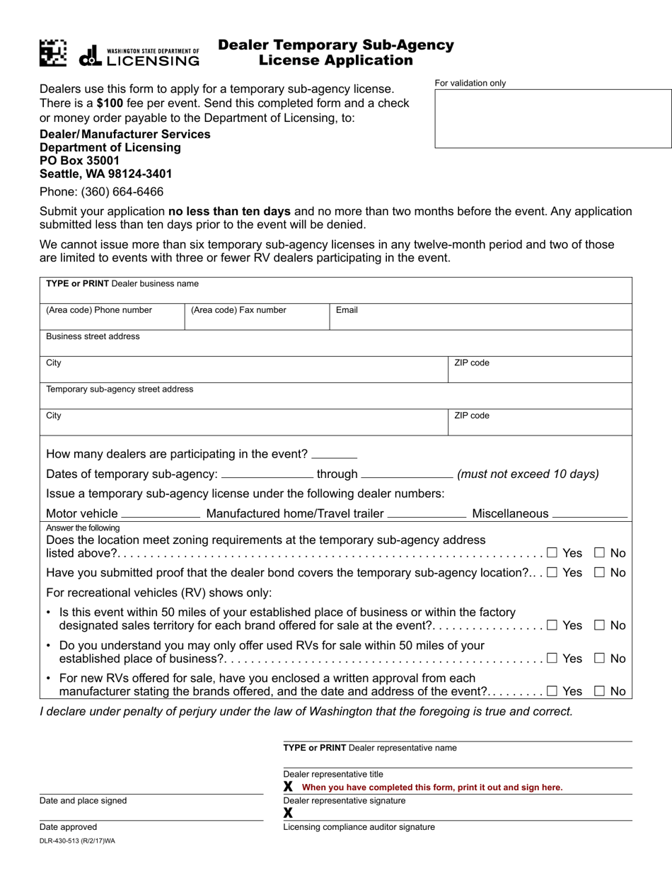 Form DLR-430-513 Dealer Temporary Sub-agency License Application - Washington, Page 1