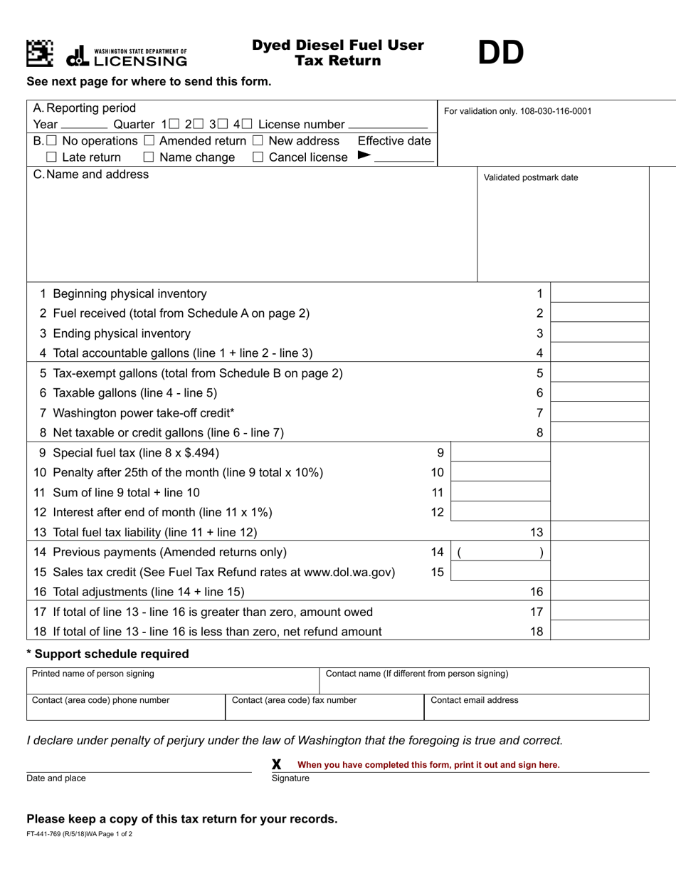 Form FT-441-769 Dyed Diesel Fuel User Tax Return - Washington, Page 1