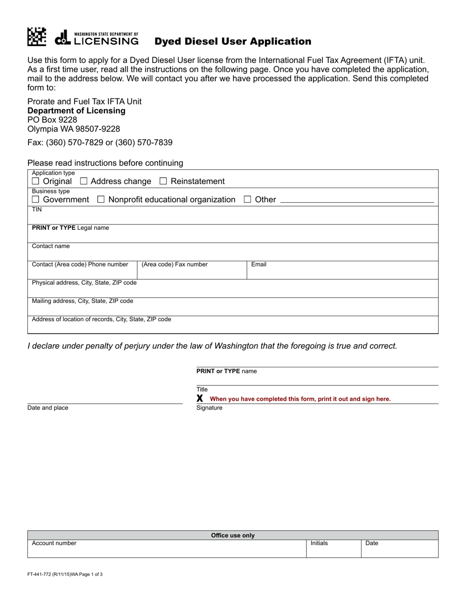 Form FT-441-772 Dyed Diesel User Application - Washington, Page 1