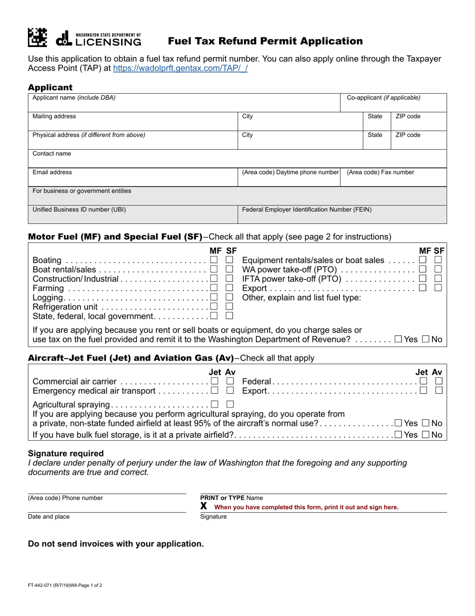 Form FT-442-071 Fuel Tax Refund Permit Application - Washington, Page 1