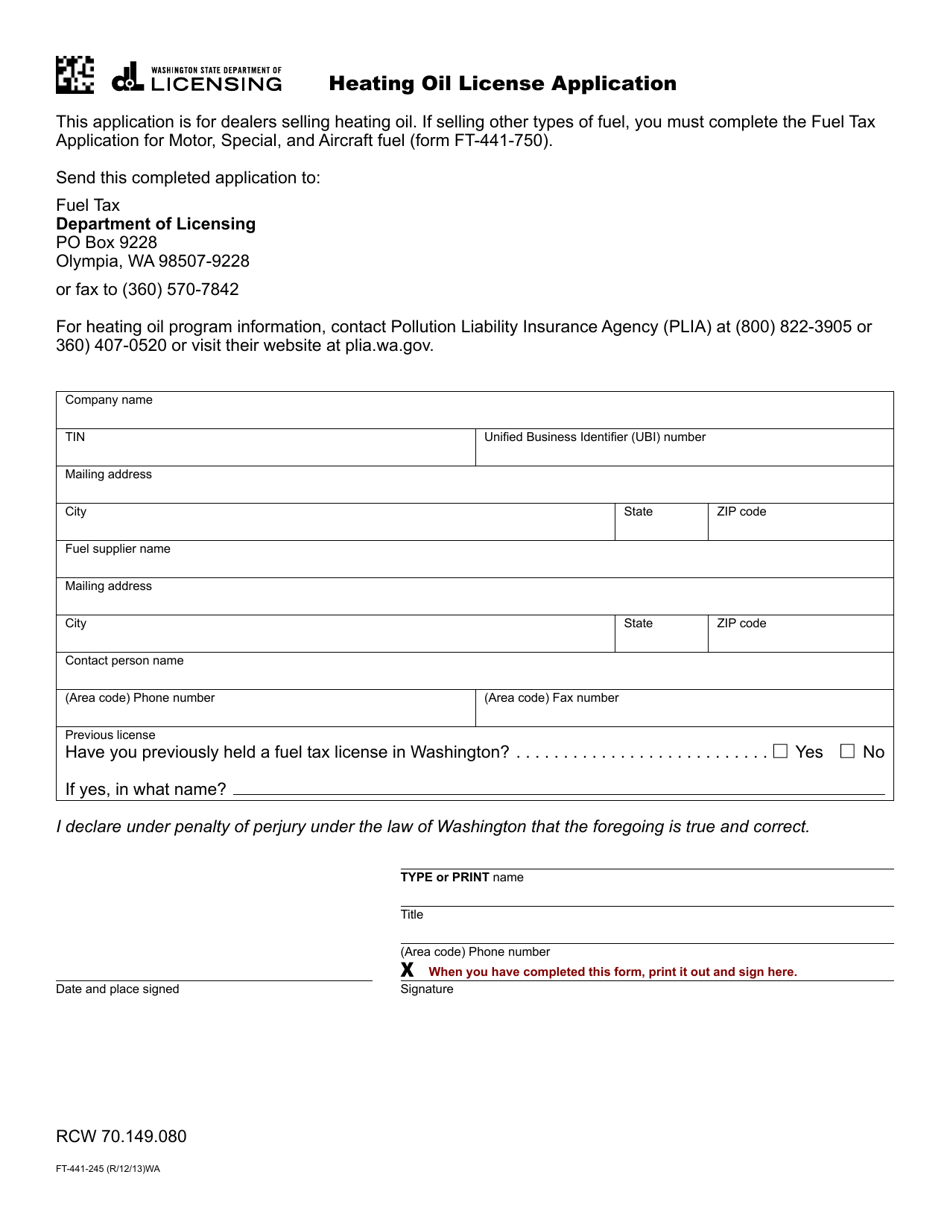 Form FT-441-245 Heating Oil License Application - Washington, Page 1