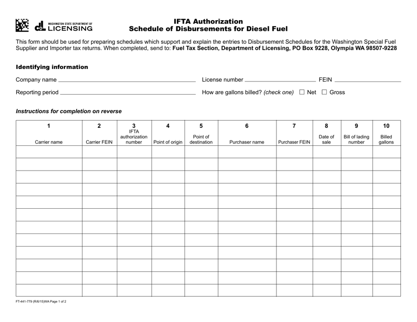 Form FT-441-779 Ifta Authorization Schedule of Disbursements for Diesel Fuel - Washington