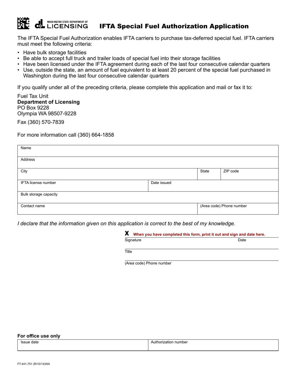 Form FT-441-751 Ifta Special Fuel Authorization Application - Washington, Page 1
