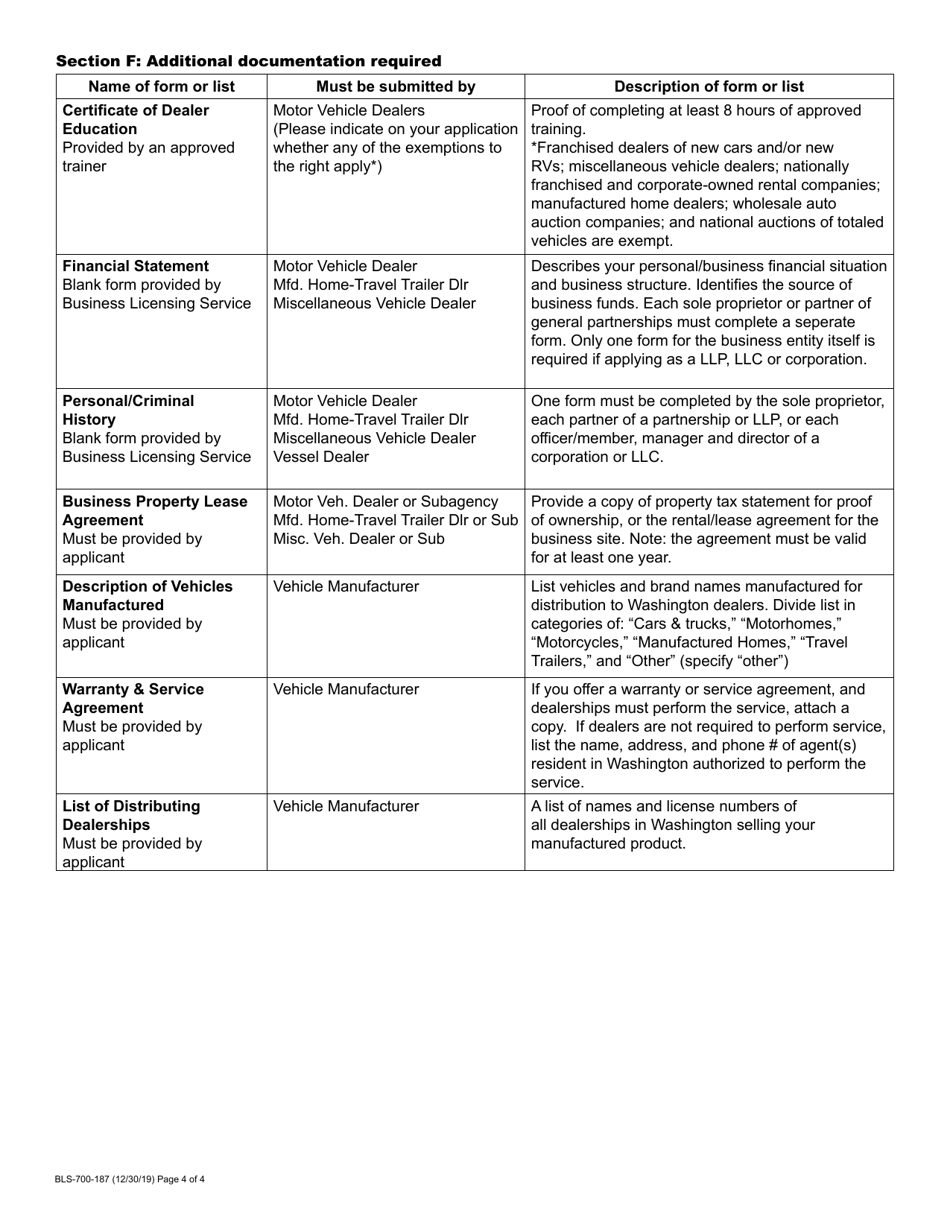 Instructions for Form BLS700 182 Vehicle Dealer / Manufacturer Addendum - Washington, Page 4