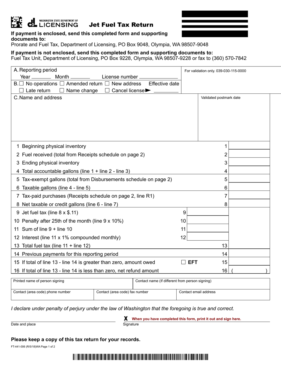 Form FT-441-006 Jet Fuel Tax Return - Washington, Page 1