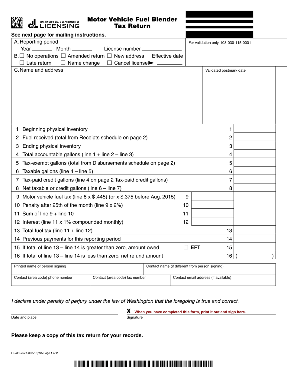 Form FT-441-757A Motor Vehicle Fuel Blender Tax Return - Washington, Page 1
