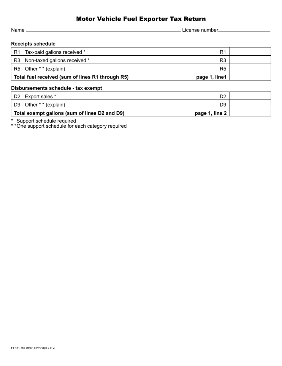 Form FT-441-767 Motor Vehicle Fuel Exporter Tax Return - Washington, Page 2