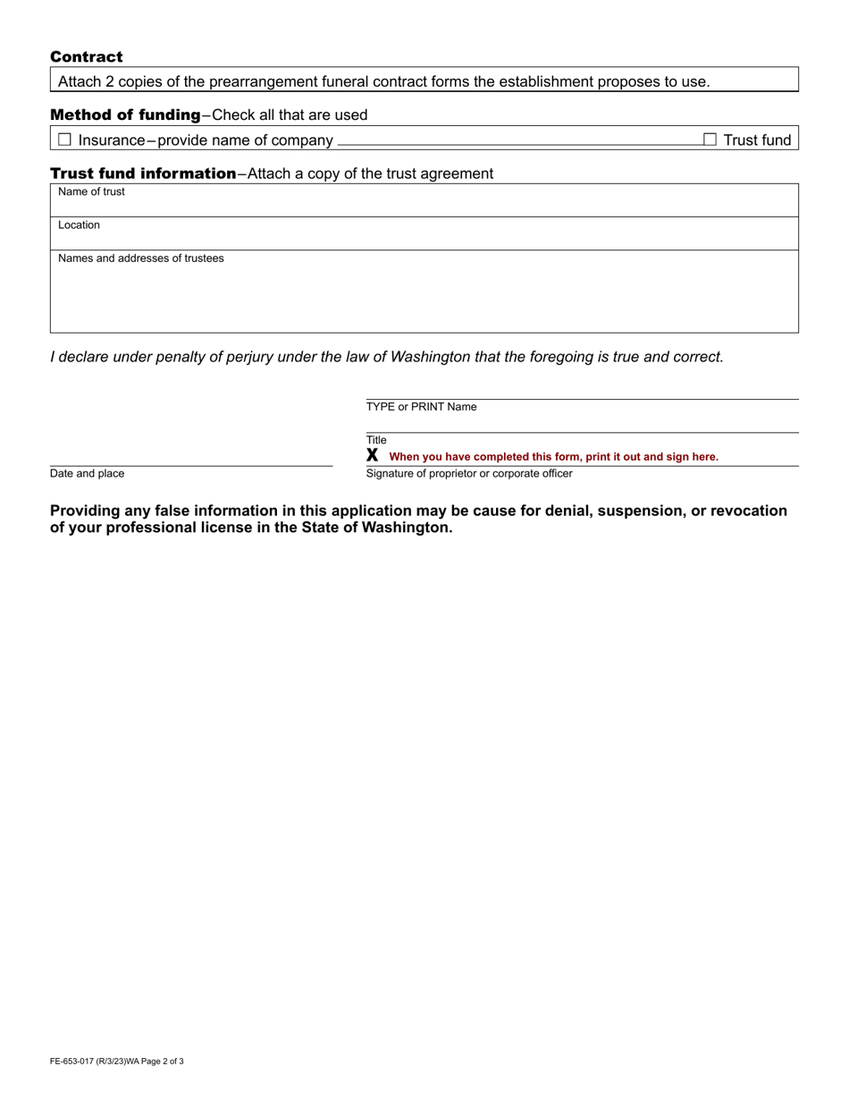 Form FE-653-017 Prearrangement Funeral Registration Application - Washington, Page 2