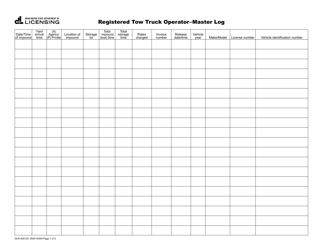 Form DLR-430-531 Registered Tow Truck Operator - Master Log - Washington