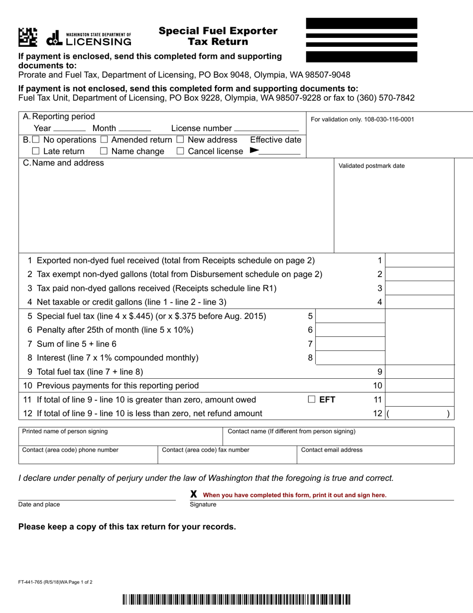 Form FT-441-765 Special Fuel Exporter Tax Return - Washington, Page 1