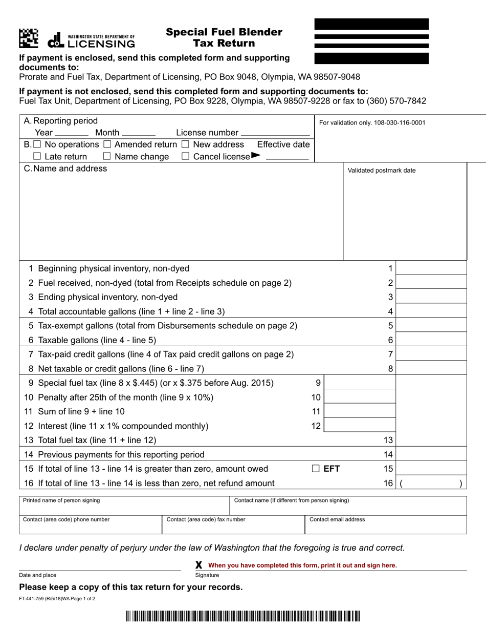 Form FT-441-759 Special Fuel Blender Tax Return - Washington, Page 1