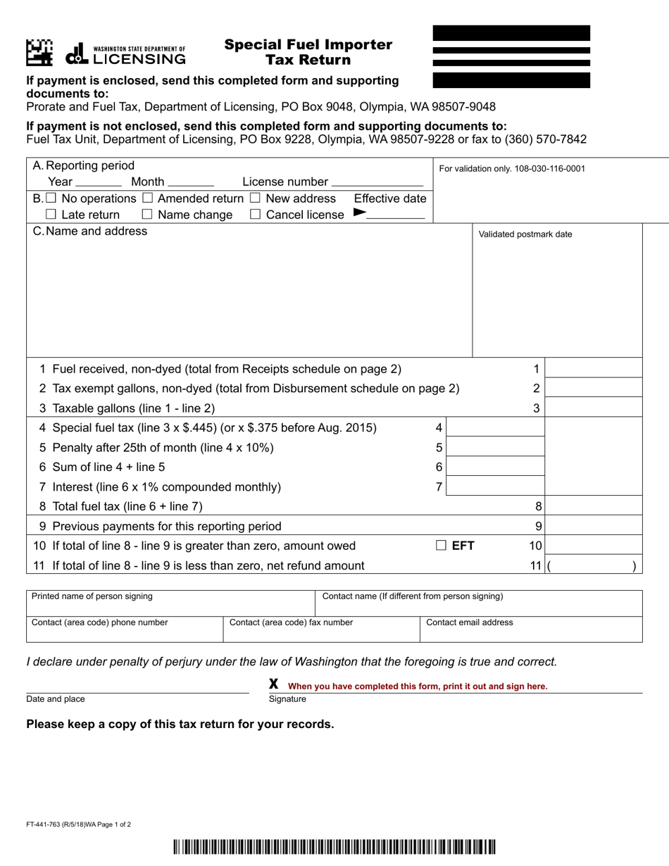 Form FT-441-763 Special Fuel Importer Tax Return - Washington, Page 1