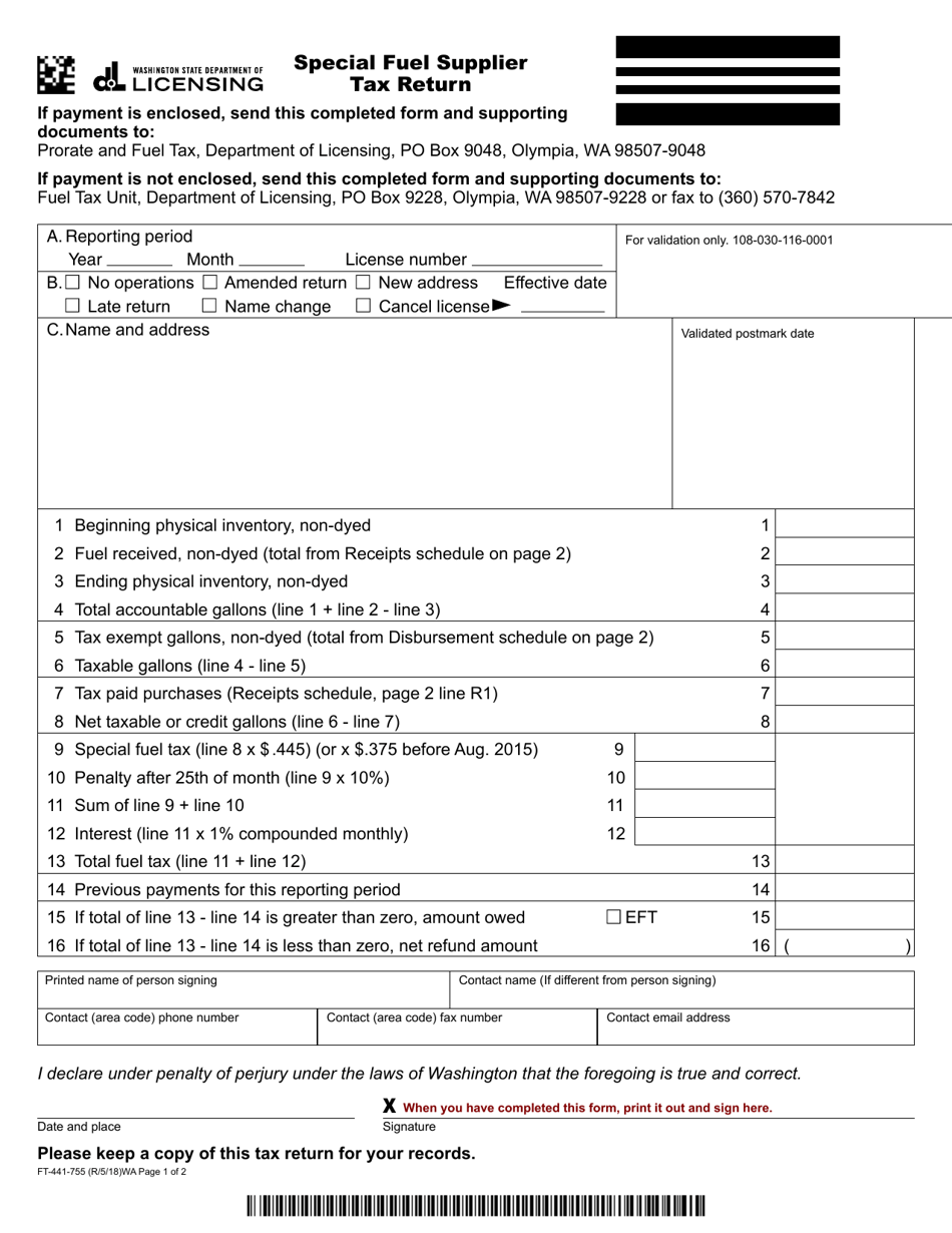 Form FT-441-755 Special Fuel Supplier Tax Return - Washington, Page 1