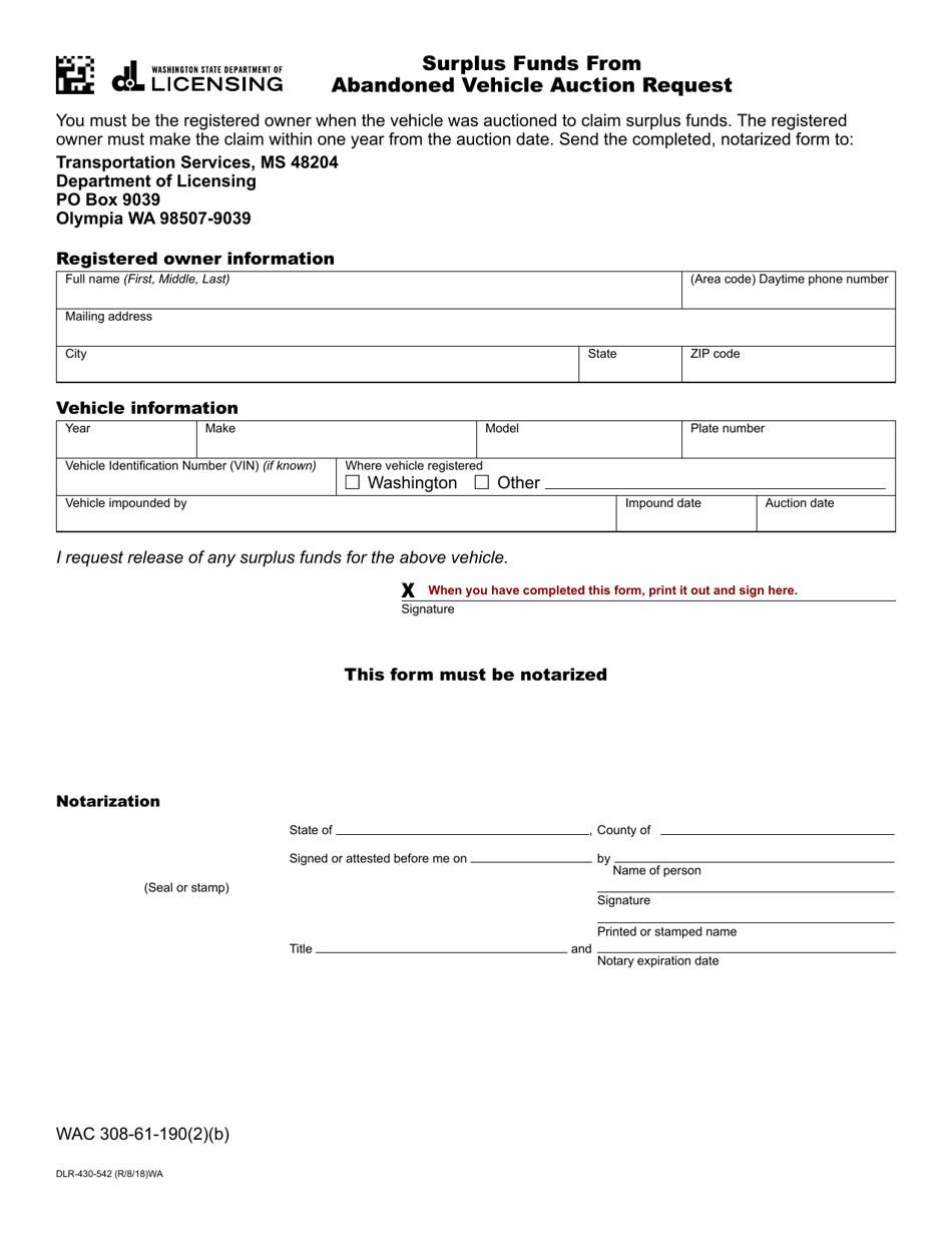 Form DLR-430-542 Surplus Funds From Abandoned Vehicle Auction Request - Washington, Page 1