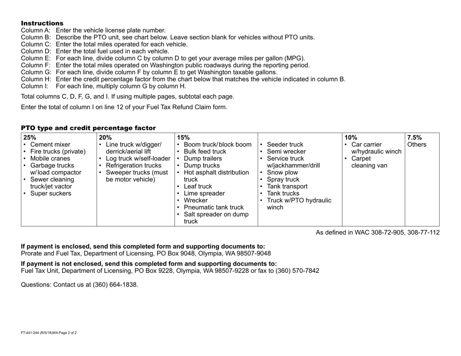 Form FT-441-244 Washington Power Take-Off (Pto) Schedule - Washington, Page 2