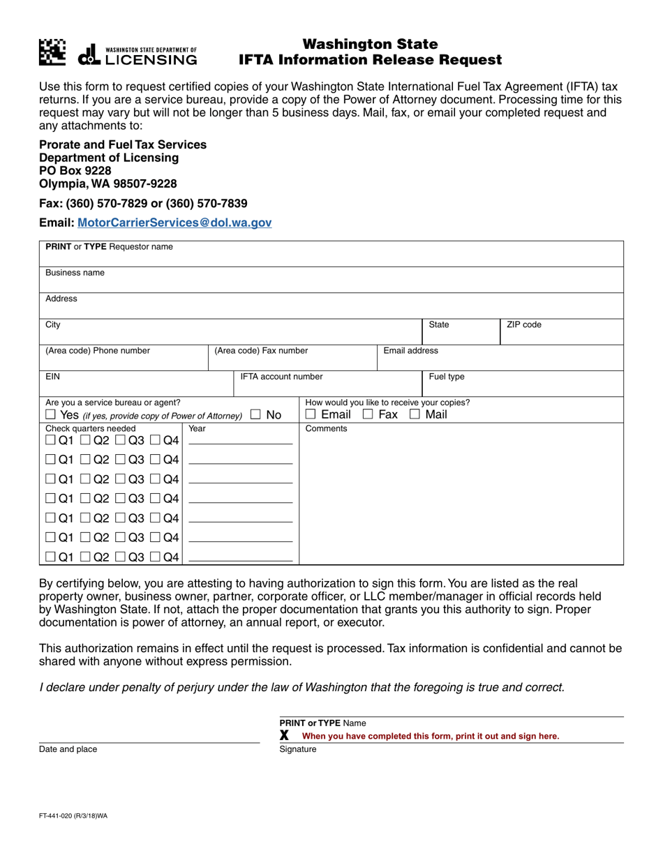 Form FT-441-020 Washington State Ifta Information Release Request - Washington, Page 1
