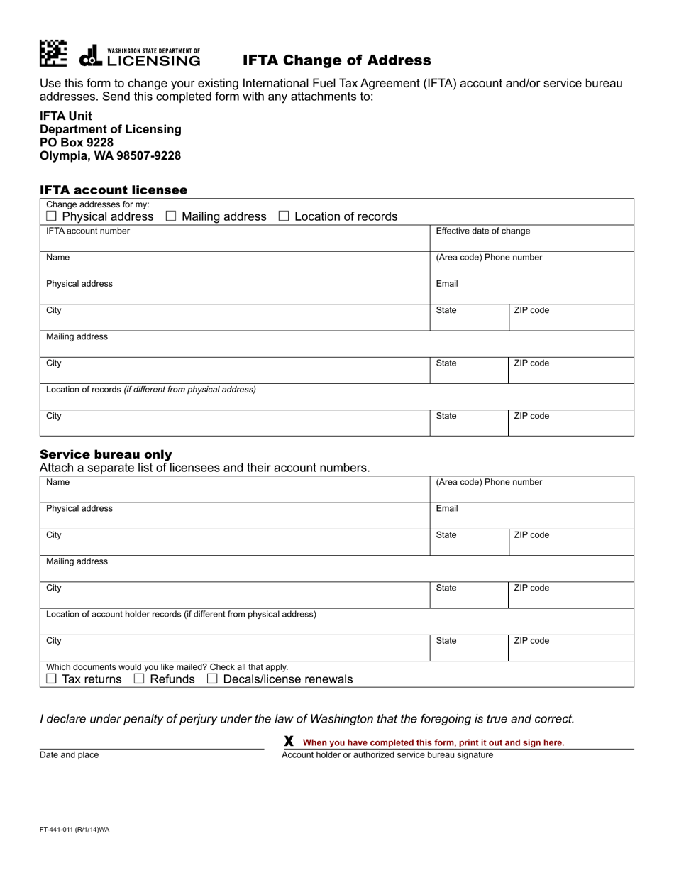 Form FT-441-011 Ifta Change of Address - Washington, Page 1