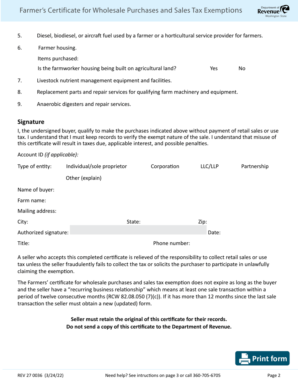 Form REV27 0036 Farmers Certificate for Wholesale Purchases and Sales Tax Exemptions - Washington, Page 2