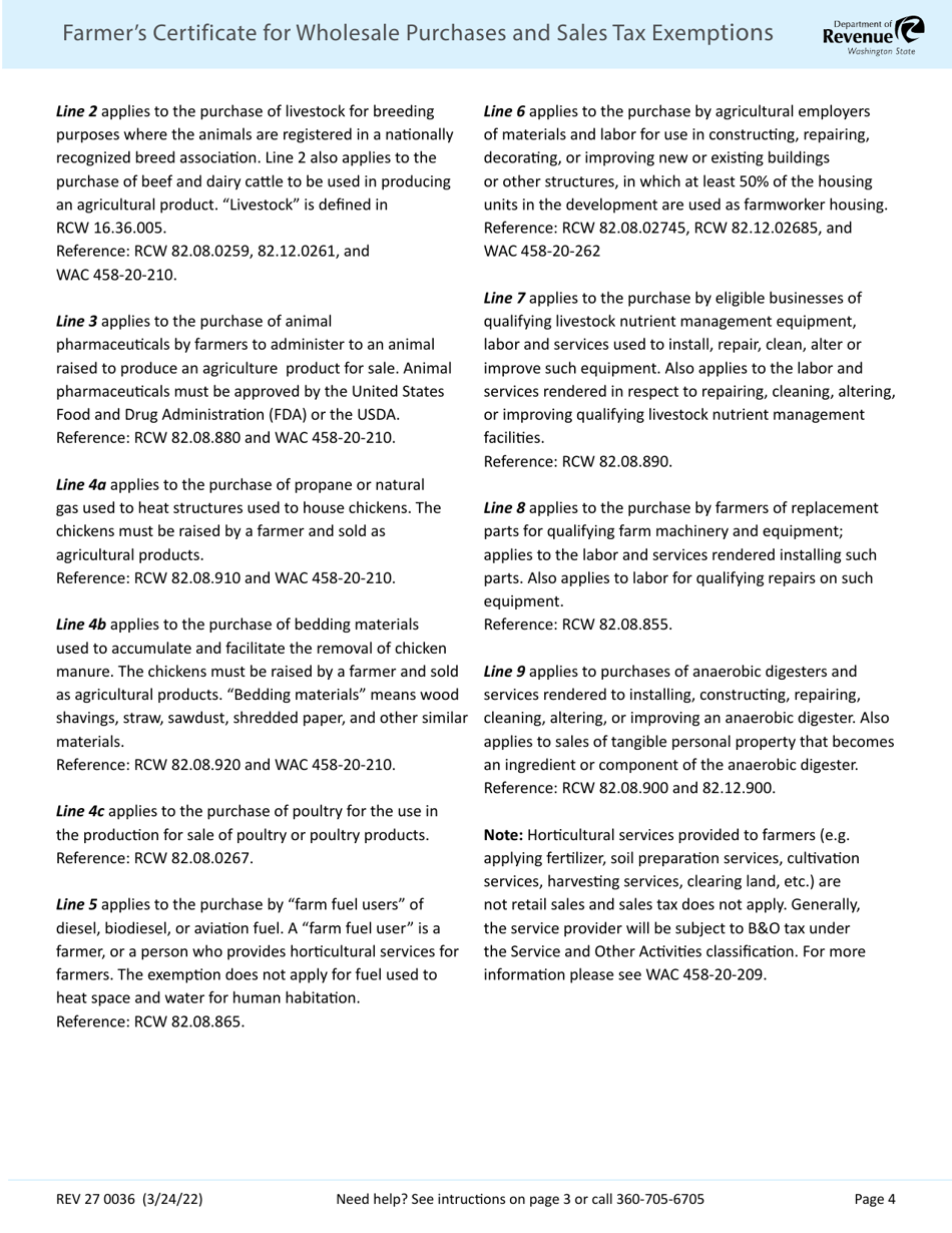Form REV27 0036 Farmers Certificate for Wholesale Purchases and Sales Tax Exemptions - Washington, Page 4