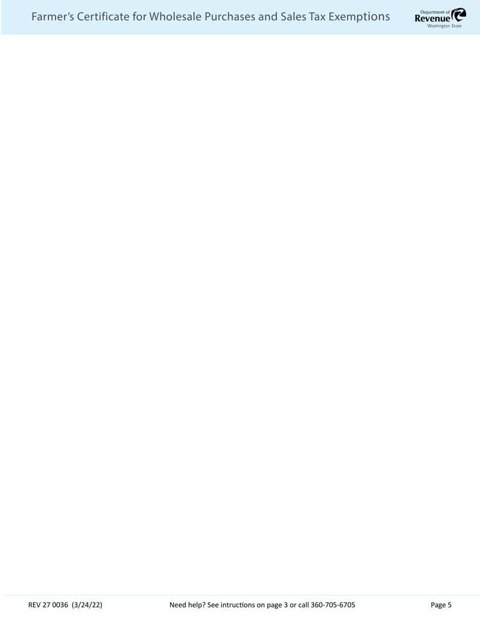Form REV27 0036 Farmers Certificate for Wholesale Purchases and Sales Tax Exemptions - Washington, Page 5