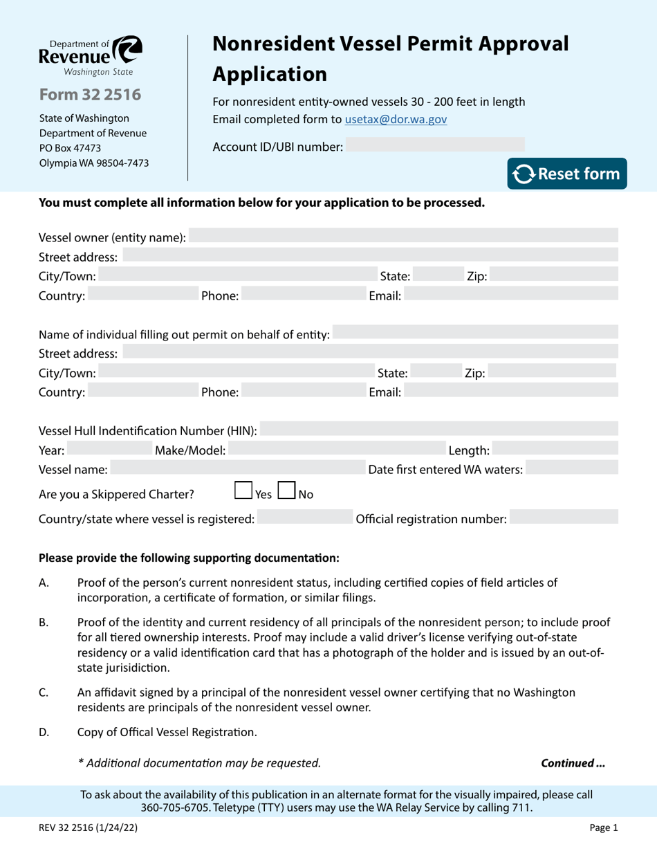 Form REV32 2516 Nonresident Vessel Permit Approval Application - Washington, Page 1