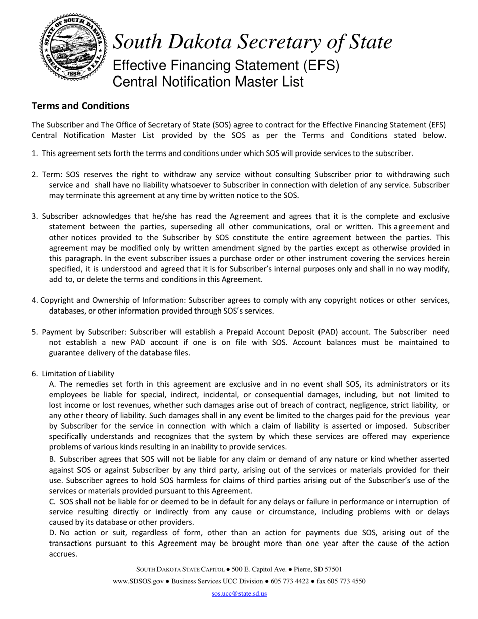 Effective Financing Statement (Efs) Central Notification Master List Subscription Form - South Dakota, Page 1
