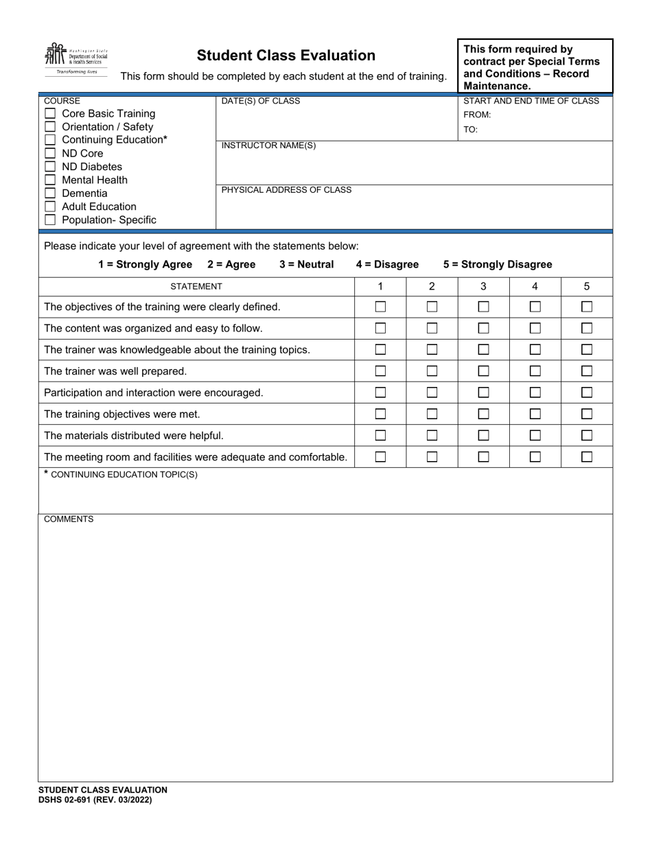 DSHS Form 02-691 Student Class Evaluation - Washington, Page 1