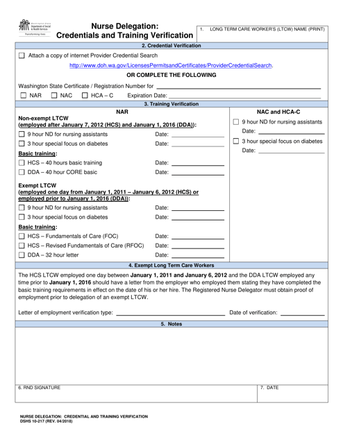 DSHS Form 10-217 Nurse Delegation: Credentials and Training Verification - Washington
