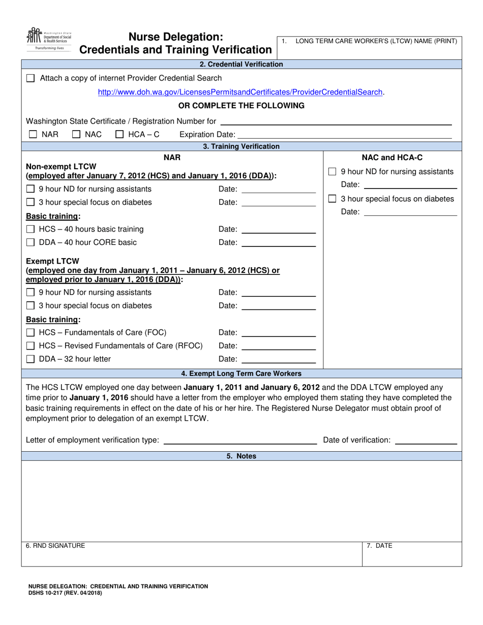 DSHS Form 10-217 Nurse Delegation: Credentials and Training Verification - Washington, Page 1
