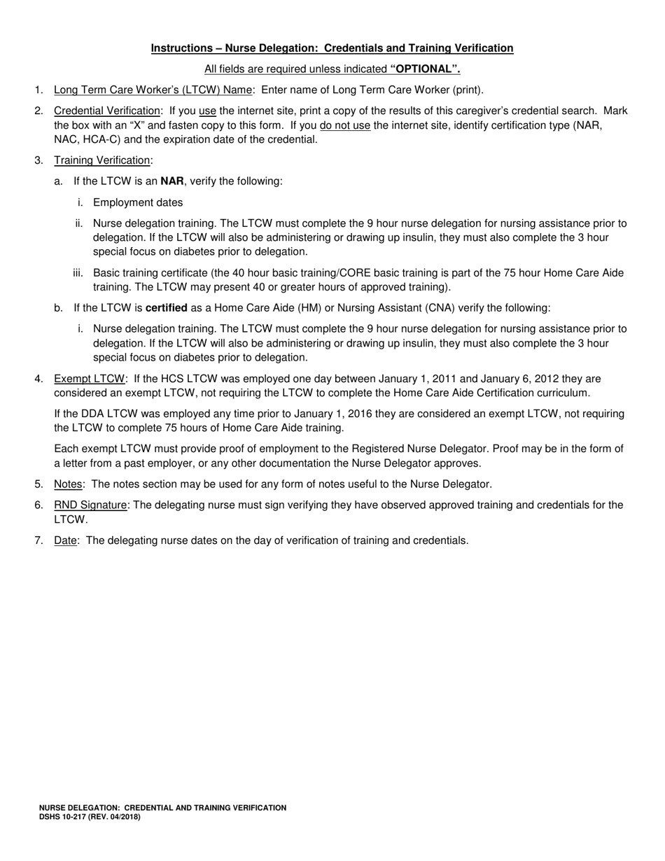DSHS Form 10-217 Nurse Delegation: Credentials and Training Verification - Washington, Page 2