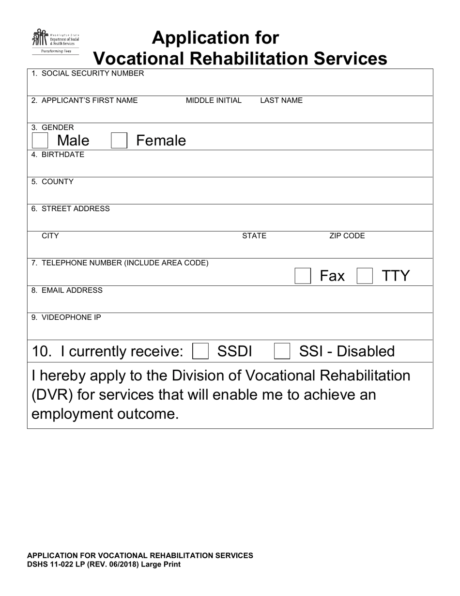 DSHS Form 11-022 Application for Vocational Rehabilitation Services - Large Print - Washington, Page 1