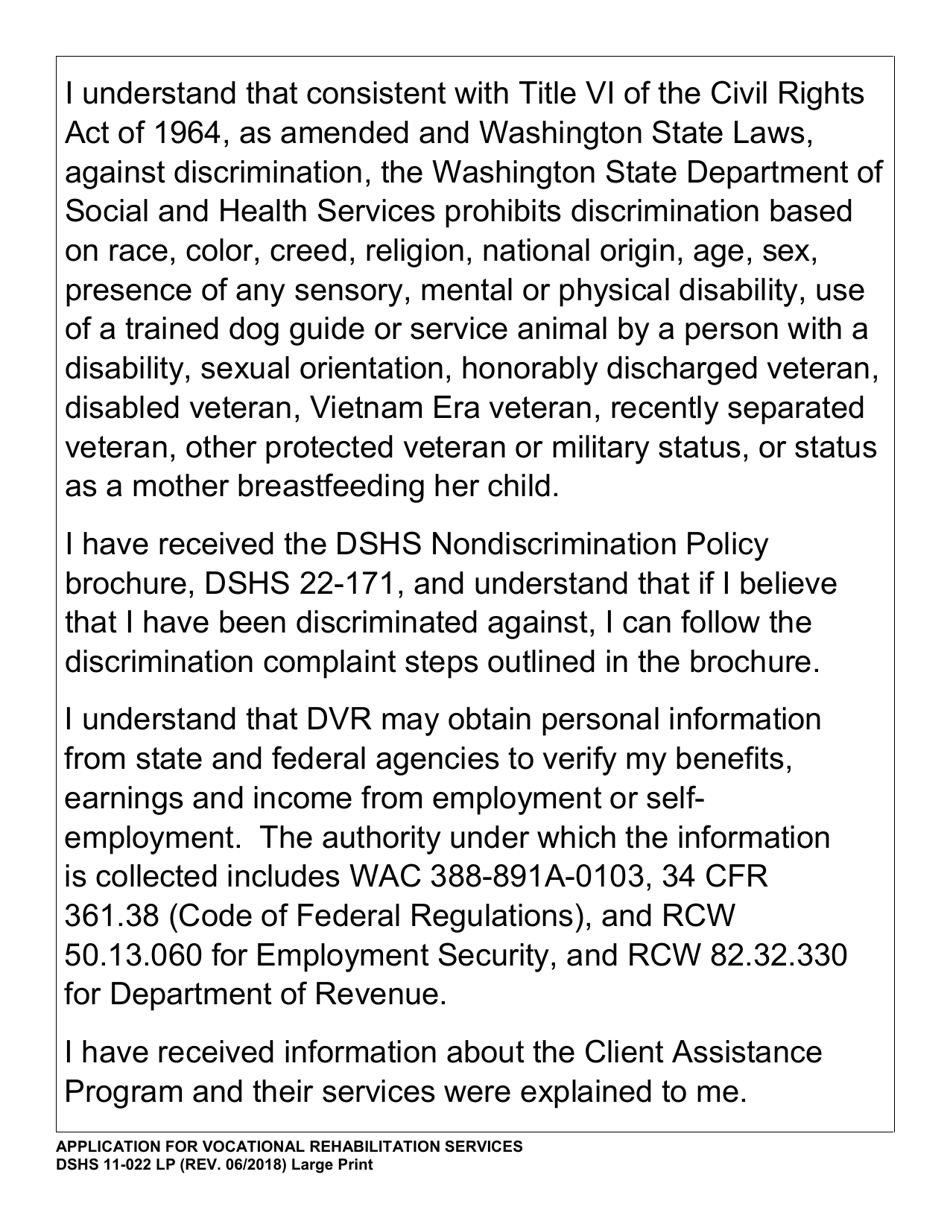 DSHS Form 11-022 Application for Vocational Rehabilitation Services - Large Print - Washington, Page 2