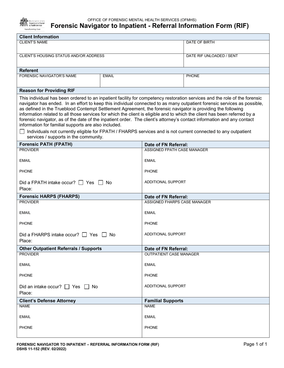 DSHS Form 11-152 Forensic Navigator to Inpatient - Referral Information Form (Rif) - Washington, Page 1