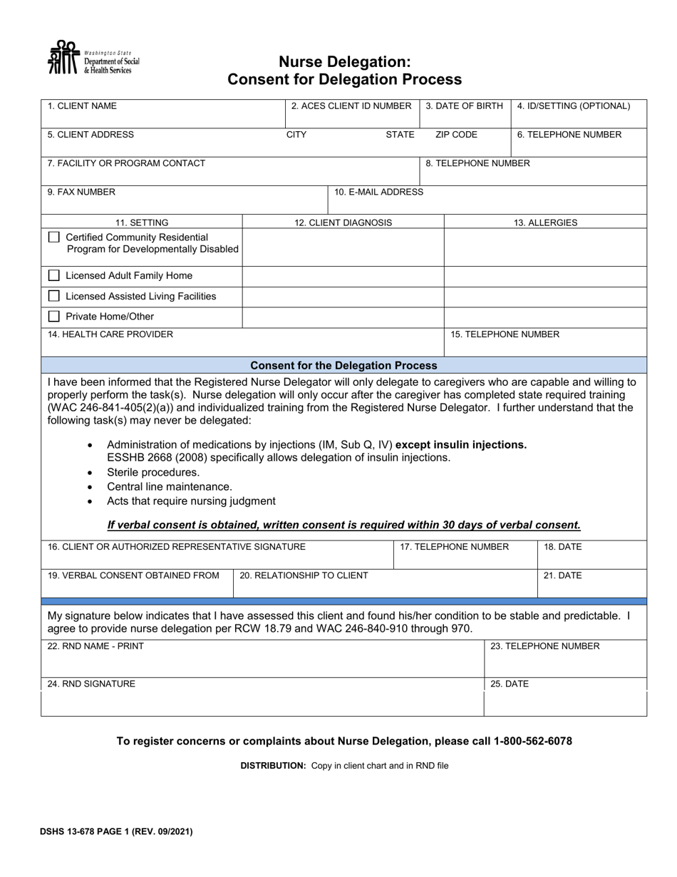 DSHS Form 13-678 Page 1 Nurse Delegation: Consent for Delegation Process - Washington, Page 1
