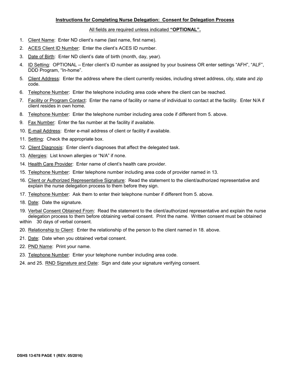 DSHS Form 13-678 Page 1 Nurse Delegation: Consent for Delegation Process - Washington, Page 2