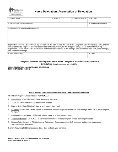 DSHS Form 13-678B Nurse Delegation: Assumption of Delegation - Washington