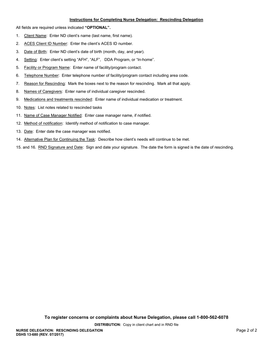 DSHS Form 13-680 Nurse Delegation: Rescinding Delegation - Washington, Page 2