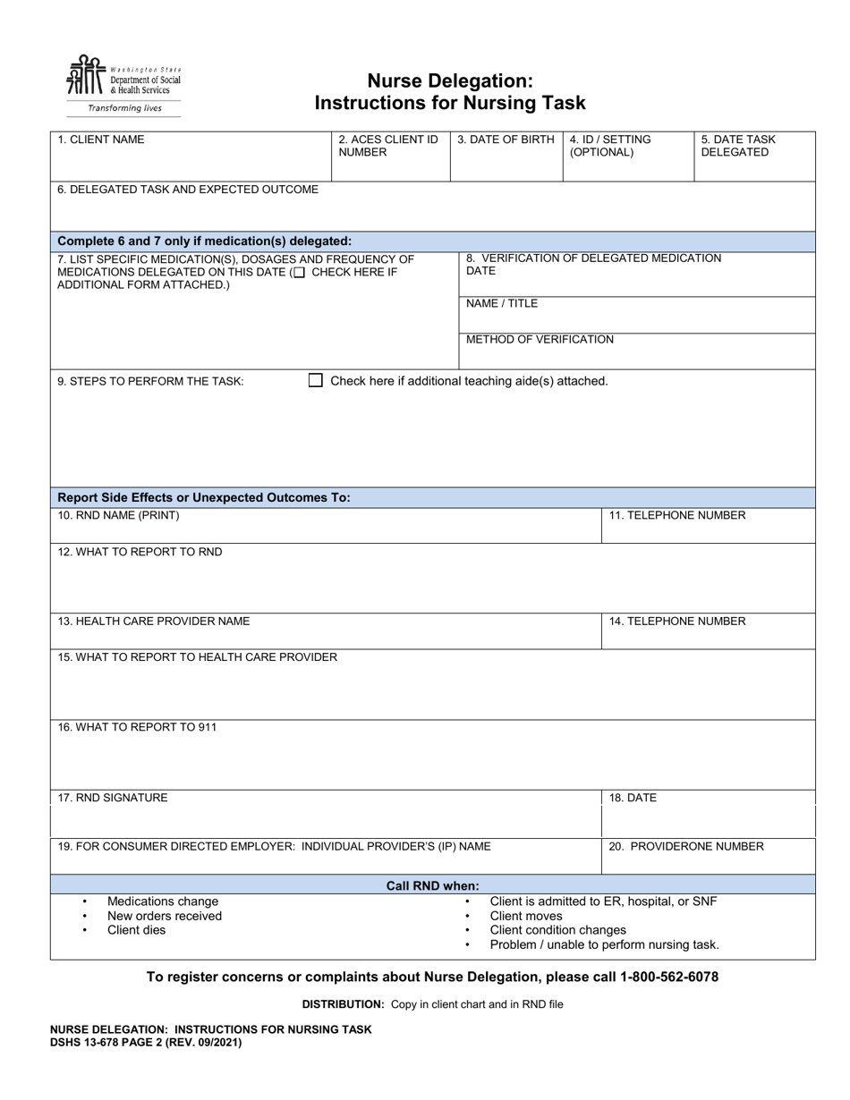 DSHS Form 13-678 Page 2 Nurse Delegation: Instructions for Nursing Task - Washington, Page 1