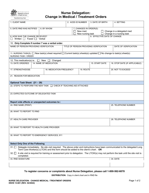 DSHS Form 13-681 Nurse Delegation: Change in Medical/Treatment Orders - Washington