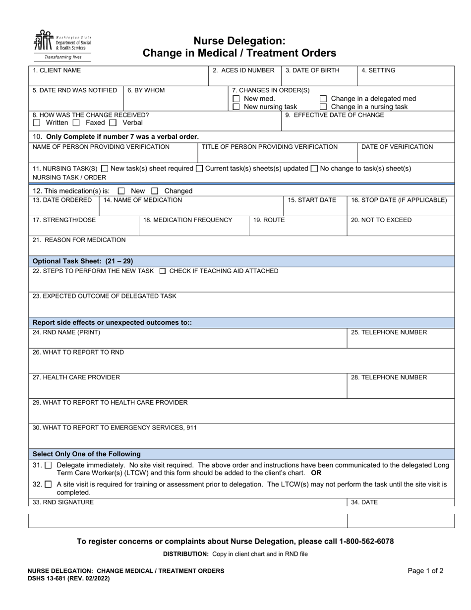 DSHS Form 13-681 Nurse Delegation: Change in Medical / Treatment Orders - Washington, Page 1