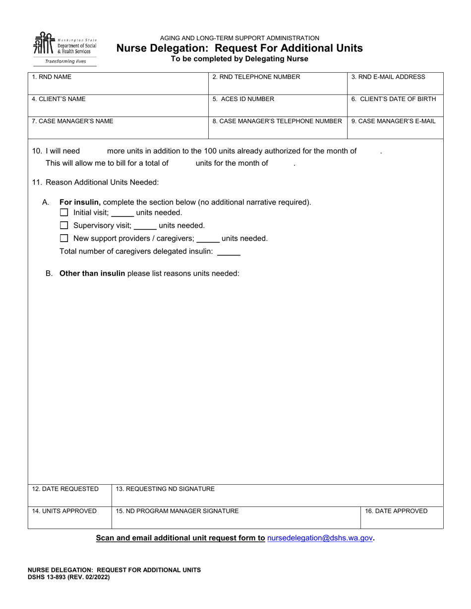 DSHS Form 13-893 Nurse Delegation: Request for Additional Units - Washington, Page 1