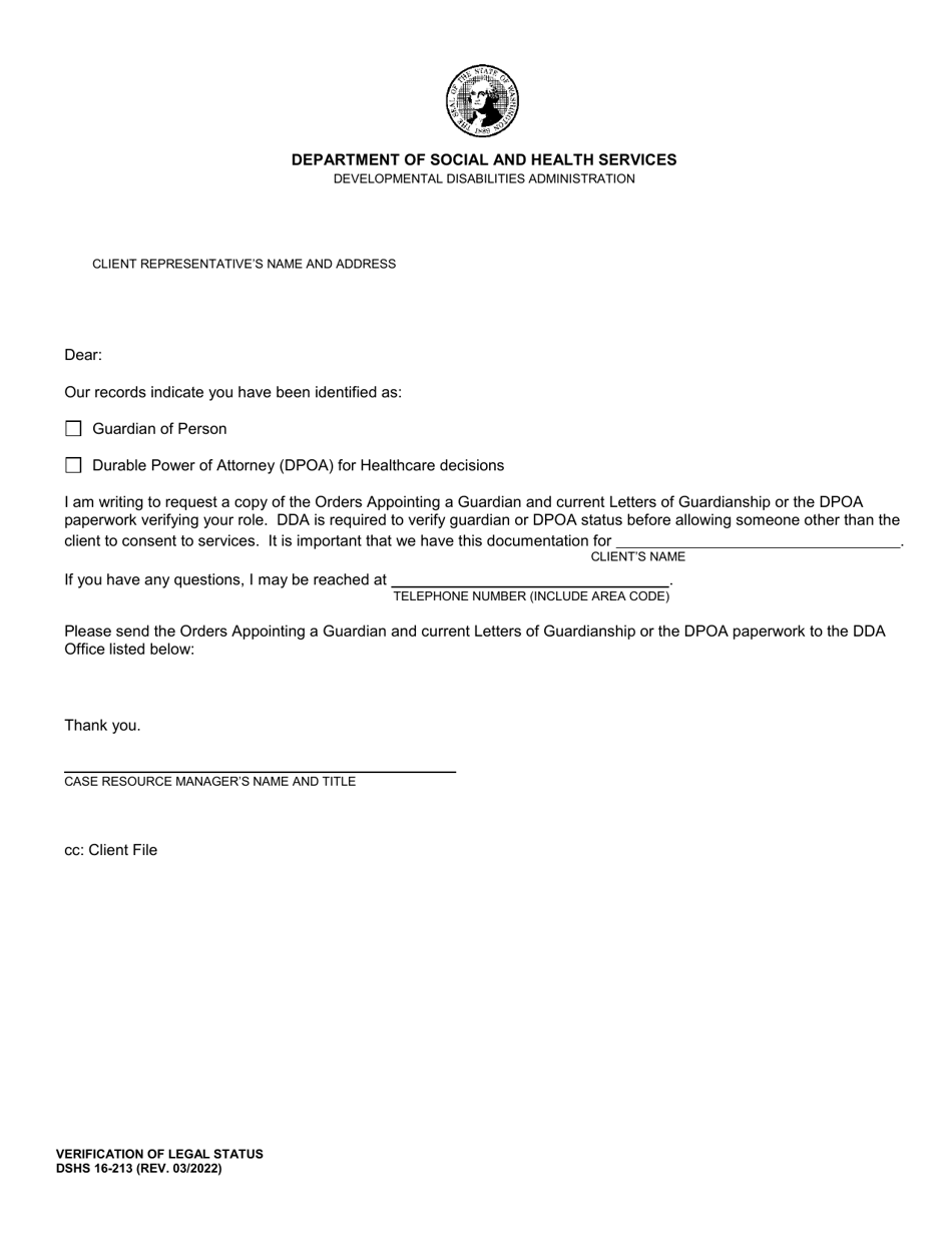 DSHS Form 16-213 Verification of Legal Status - Washington, Page 1