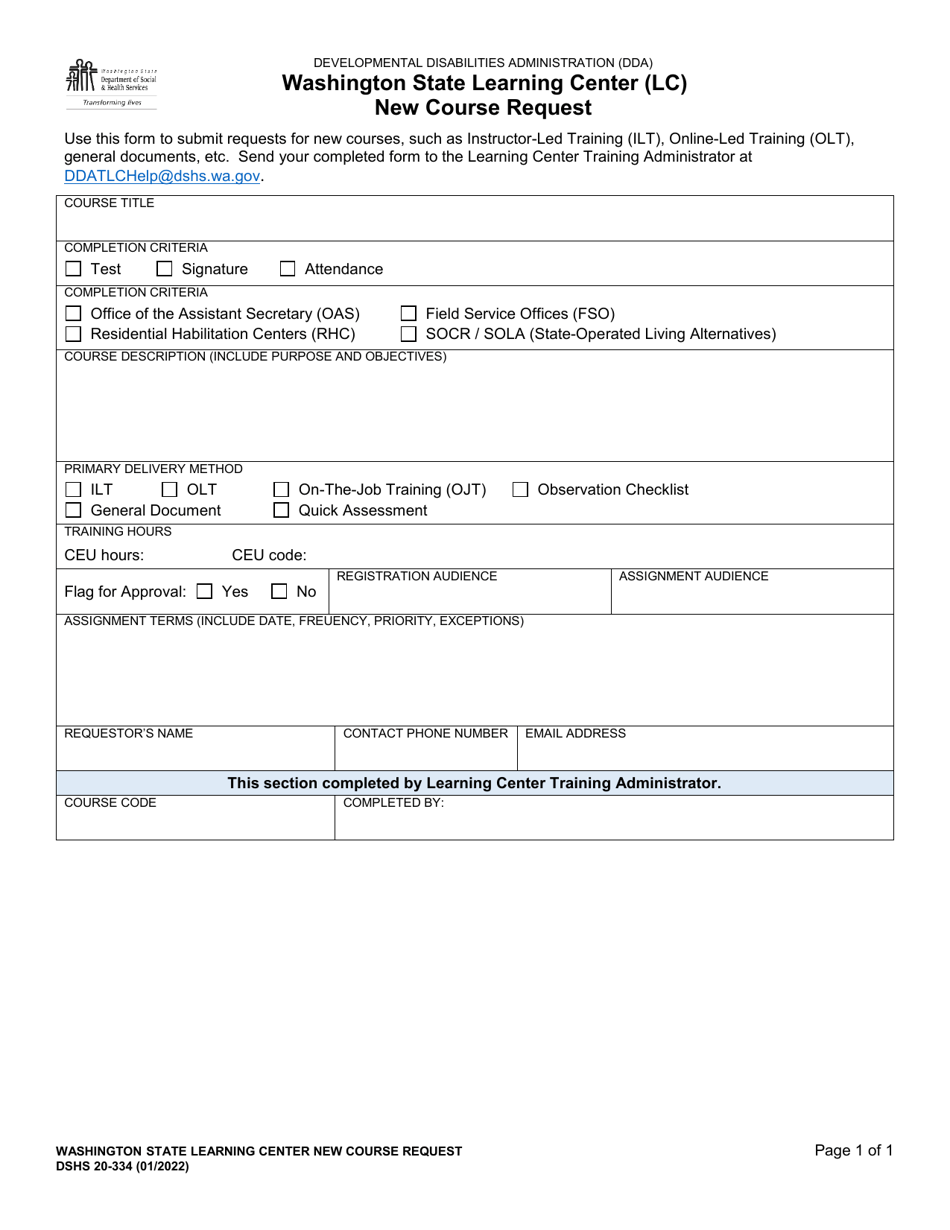 DSHS Form 20-334 Washington State Learning Center (Lc) New Course Request - Washington, Page 1