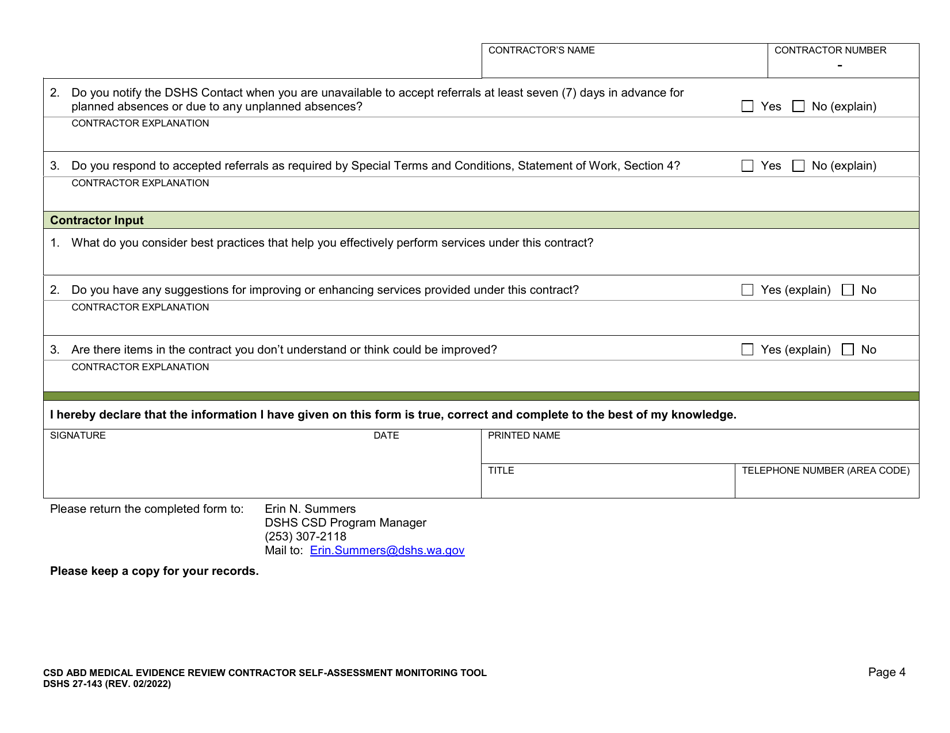 DSHS Form 27-143 Csd Abd Program Medical Evidence Review Contractor Self-assessment Monitoring Tool - Washington, Page 5