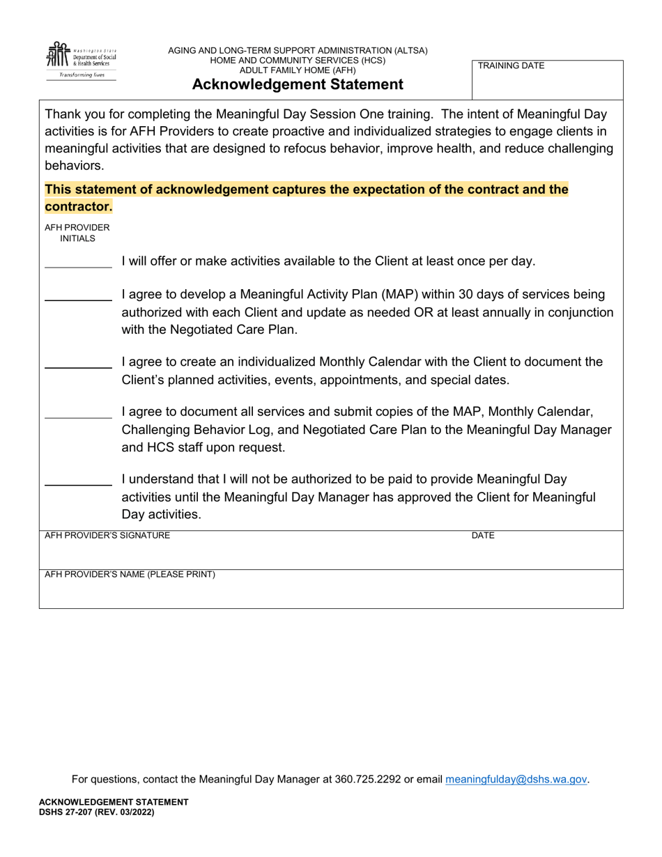 Dshs Form 27 207 Fill Out Sign Online And Download Printable Pdf