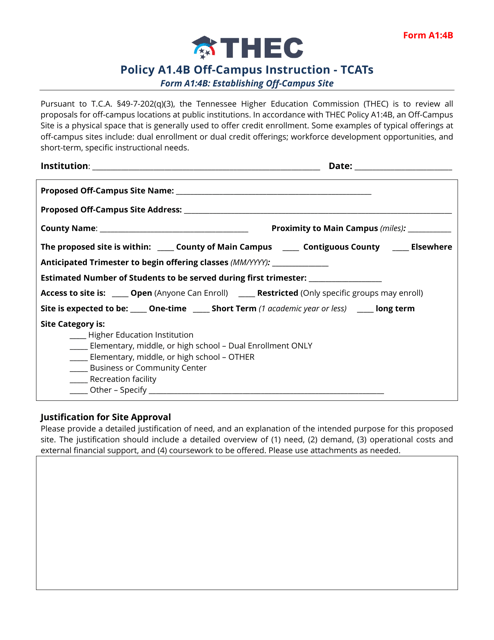 Form A1:4B Off-Campus Site Form - Tennessee Colleges of Applied Technology - Tennessee
