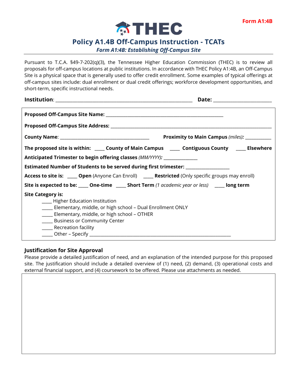 Form A1:4B Off-Campus Site Form - Tennessee Colleges of Applied Technology - Tennessee, Page 1